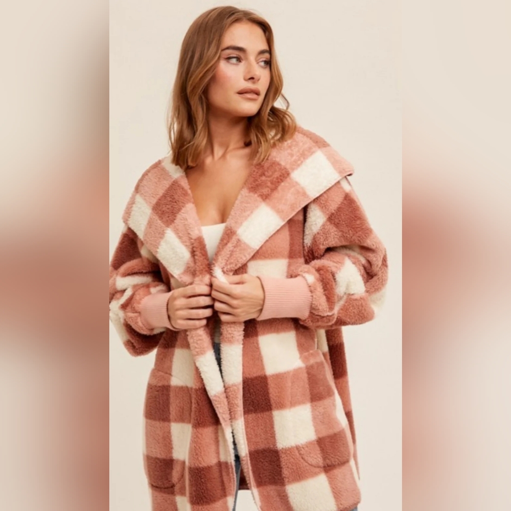 🛑Deal Of The Day🛑Mauve OS Check Print plush hooded sherpa jacket w/pocket